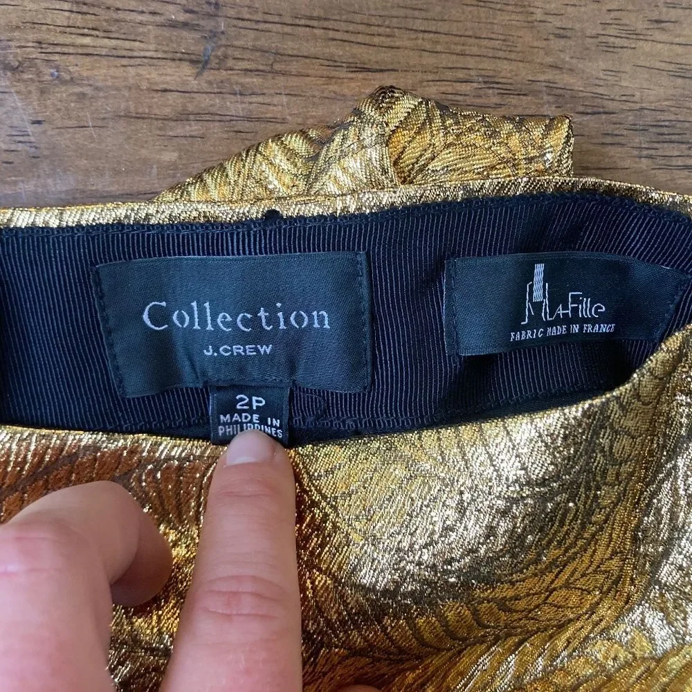 J.Crew Collection 2 Petite Raised Gold Metallic Leaf Print Jacquard Pencil Skirt